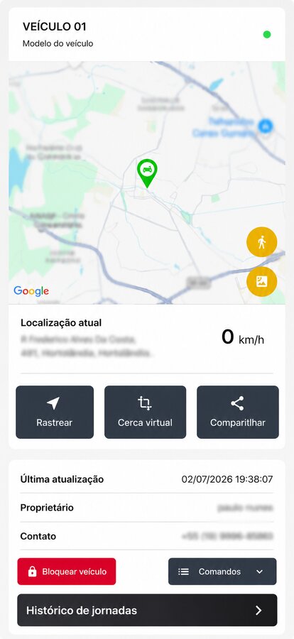 App de rastreamento mostrando localização do veículo no mapa