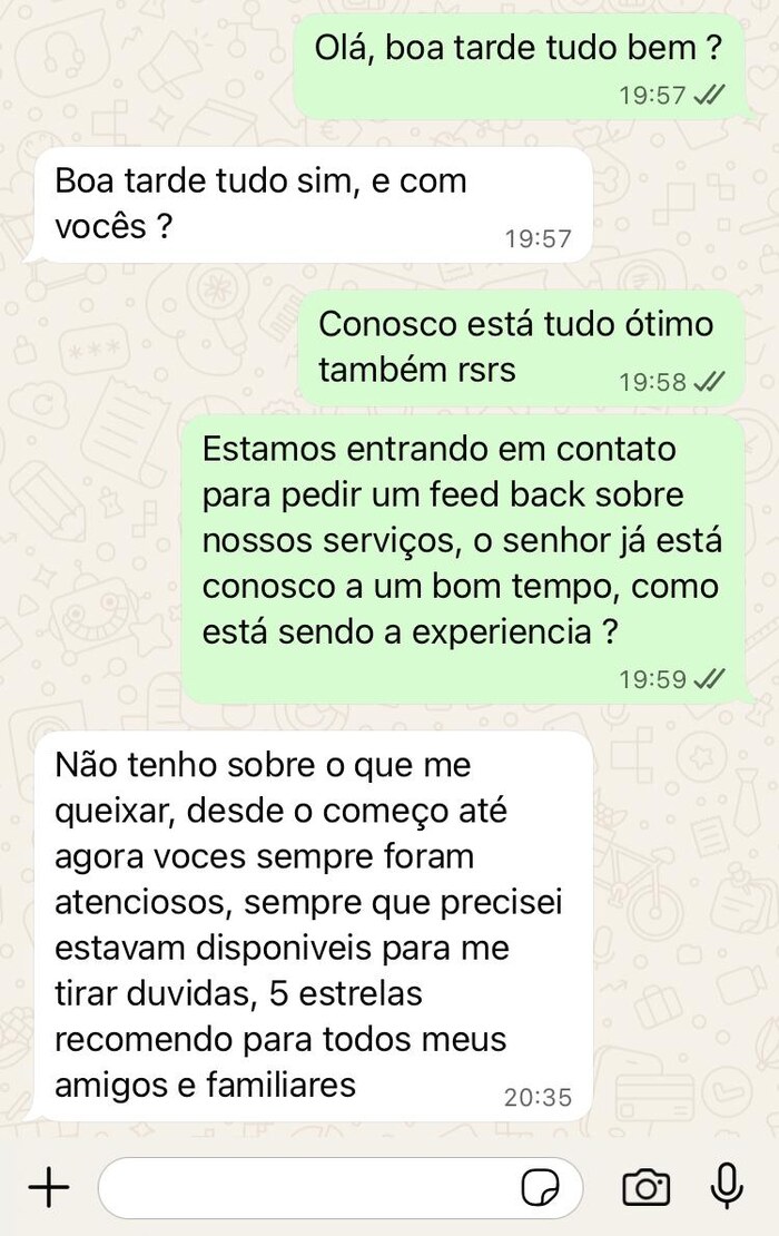 Depoimento de cliente via WhatsApp